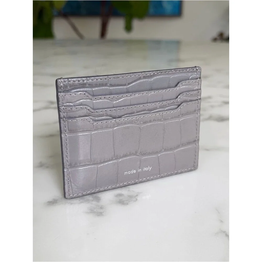 Senreve Carte Folio Dragon Croc Embossed Leather Card Holder Storm Gray